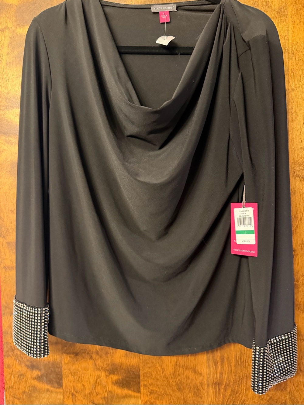 Vince Camuto Black Draped Cowl Neck Top with Crystal-Embellished Cuffs